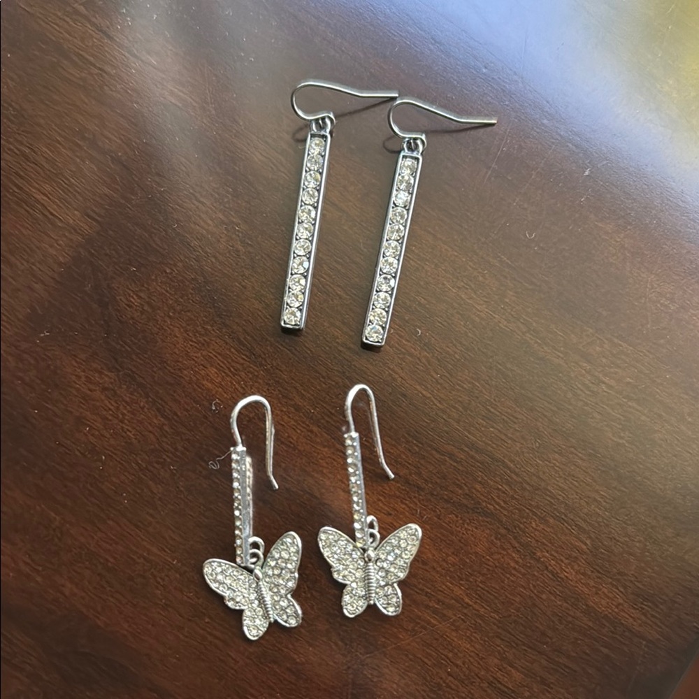 Elegant Silver Butterfly Earrings and Rectangular Earrings.